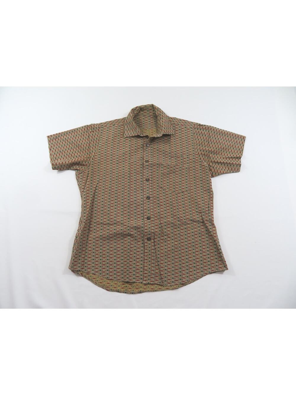 Mens Button Down Shirt Geometric Pattern, Rust Red Black Beige Sz M-L? 1960s/70s